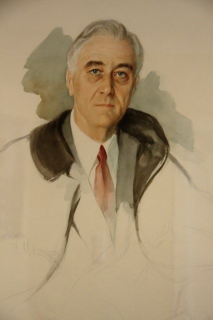 An unfinished head and shoulders portrait sketch of Franklin D. Roosevelt, wearing a suite and tie.