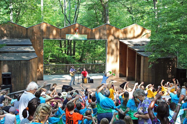 Hundreds of children watch a performance at Wolf Trap's Children's Theatre-in-the-Woods.