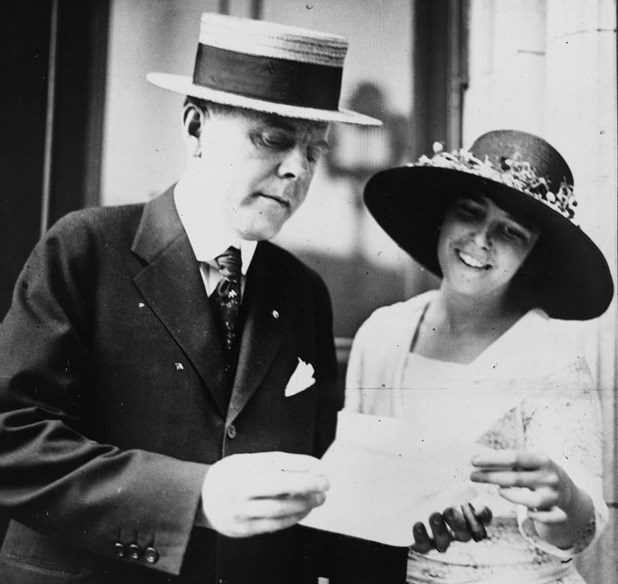 W.J. Jameson, head of the National Finance Committee of the Democratic Party and suffragist Anita Pollitzer of the National Woman’s Party check the latest tally of vote pledges in favor of the 19th Amendment. Library of Congress, Records of the National W