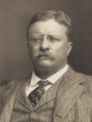 Theodore Roosevelt wears a suit and pince-nez