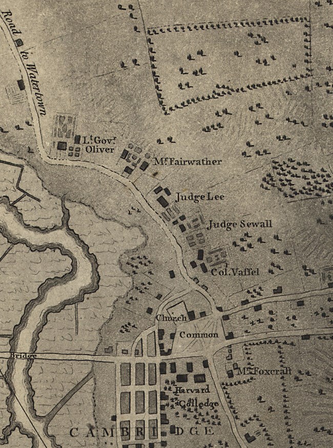 1777 map of Brattle Street, with occupants identified. The road lies next to the Charles River in Cambridge, MA