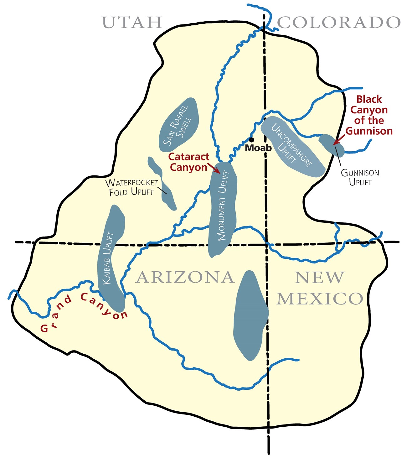 Map of the 4-corners region with areas of geologic uplift highlighted