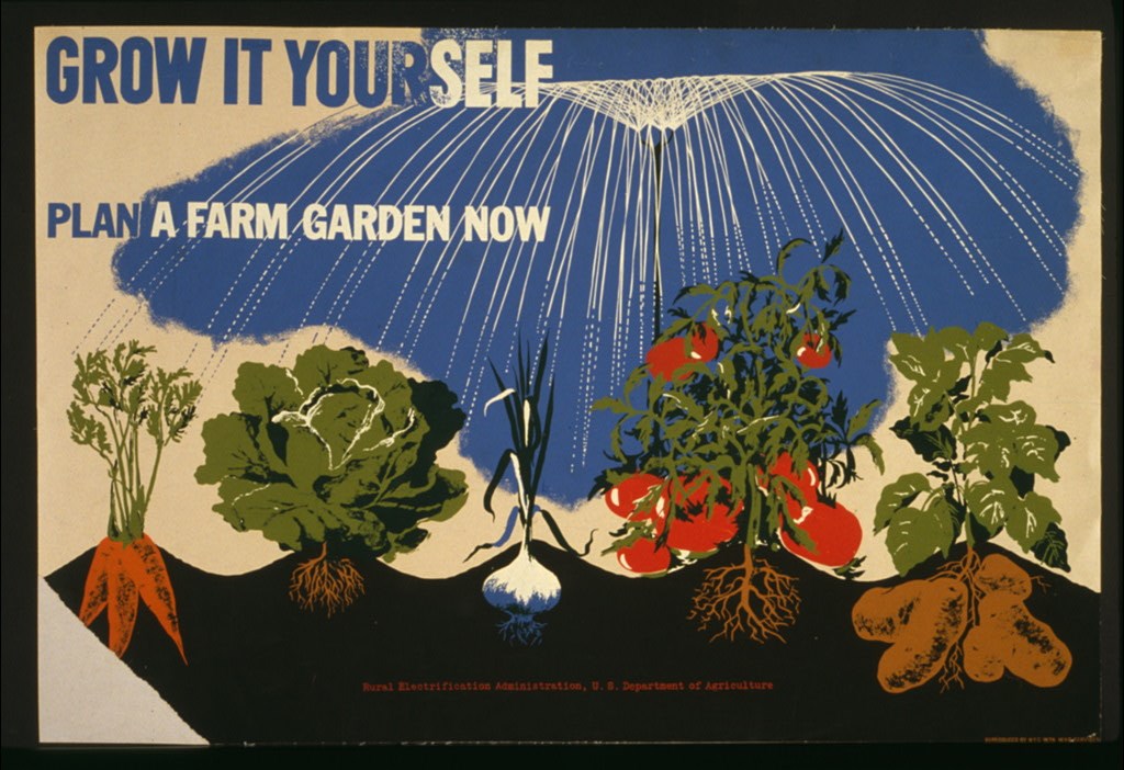 Illustrated colored poster of garden vegetables being sprinkled with water and the words Grow It Yourself: Plan a Farm Garden Now