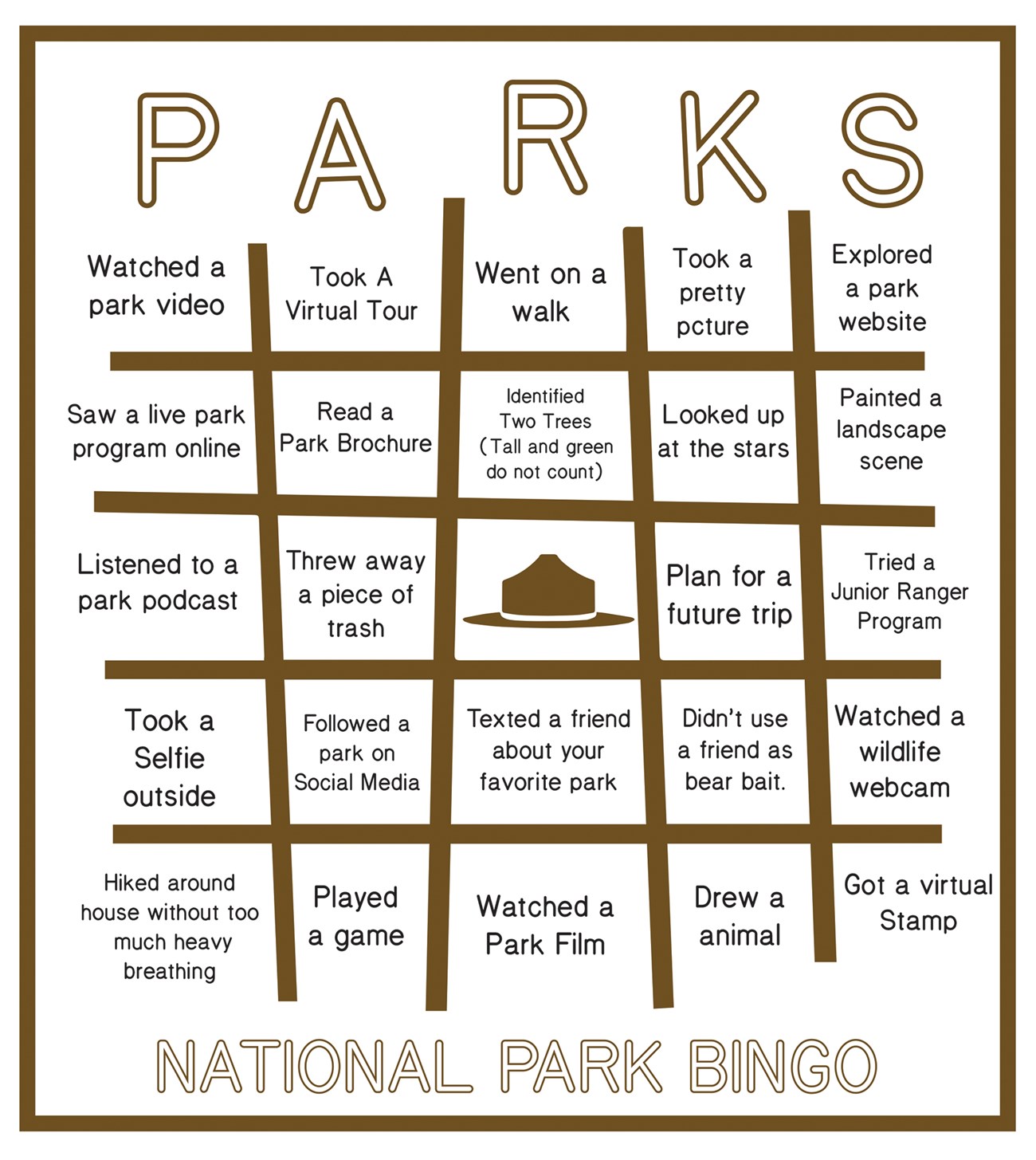 Virtual National Park Bingo Card (detailed alternative text is on the webpage)