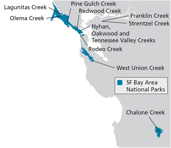 Map showing watersheds in San Francisco Bay Area National Parks where water quality is monitored.