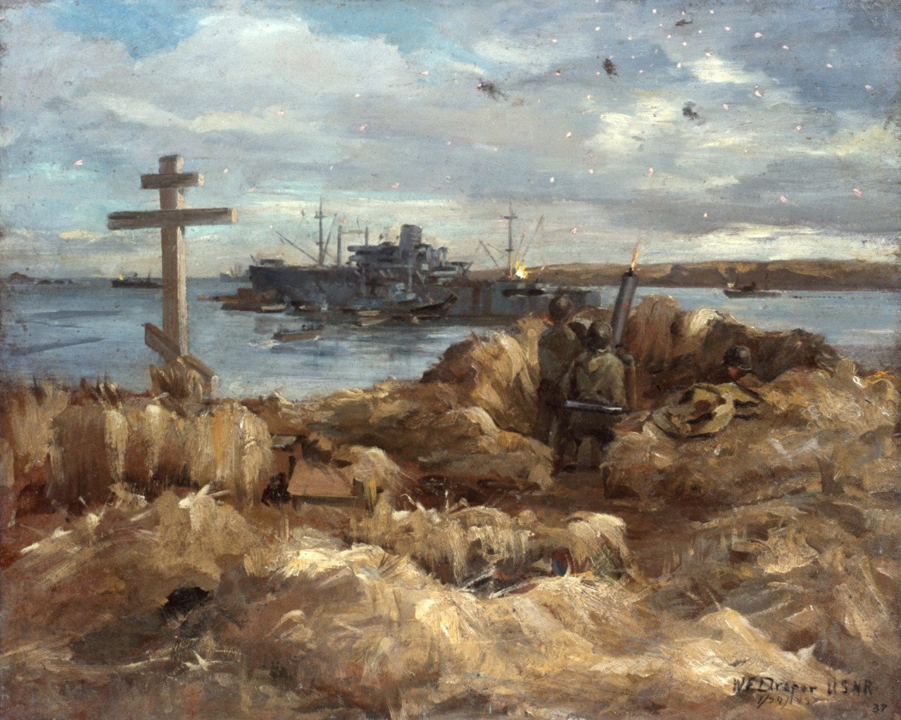 Oil painting of soldiers firing large weapon at planes in sky, near a cross grave marker.