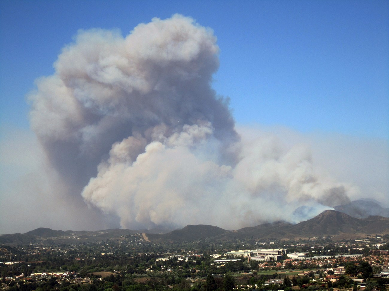 A large plume of smoke towers over the suburban skyline.