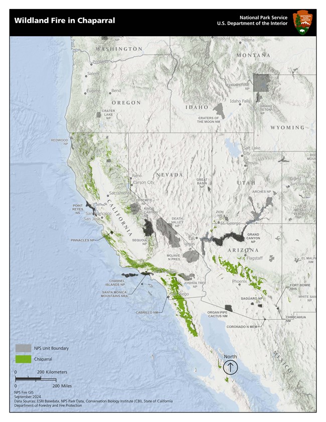 Map showing the range of Chaparral in the Western United States and a portion of Mexico