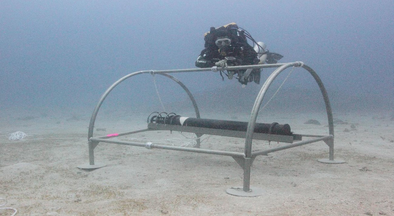 A scuba diver installs an underwater microphone for acoustical monitoring in National Park of American Samoa