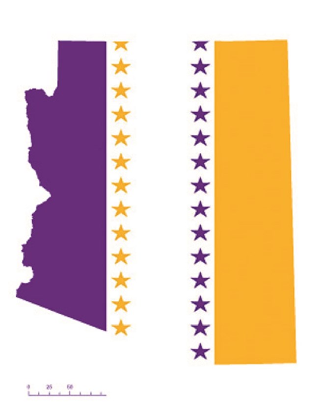 State of Arizona depicted in purple, white, and gold (colors of the National Woman’s Party suffrage flag) – indicating Arizona was one of the original 36 states to ratify the 19th Amendment.