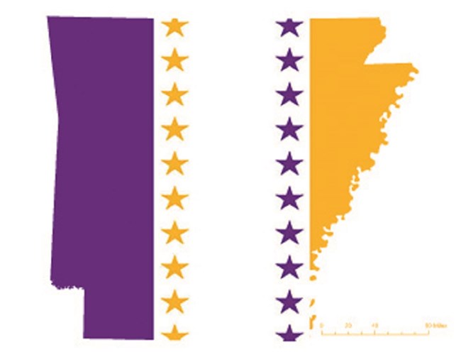 State of Arkansas depicted in purple, white, and gold (colors of the National Woman’s Party suffrage flag) – indicating Arkansas was one of the original 36 states to ratify the 19th Amendment. CC0