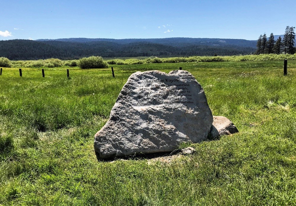 Interpretive marker stating the significance of Humbug Valley in California as the historic homeland for the Mountain Maidu community, National Park Service photo.