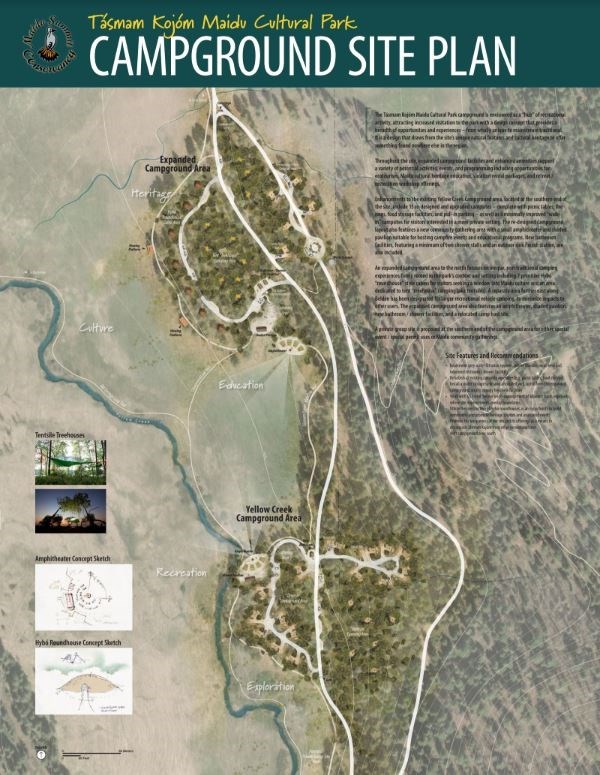 A draft of the campground site plan design board for the Tásmam Kojóm Maidu Cultural Park, National Park Service photo.