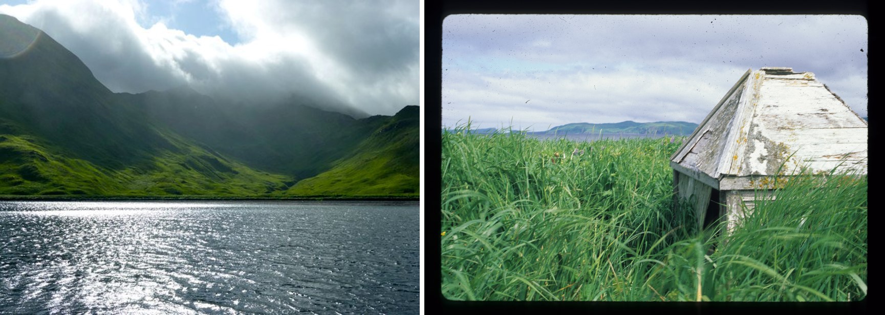 Two photos: a slide of a ruined, small, white building and a photo of a shoreline with blue-green mountains, blue sky, and a sparkling ocean.
