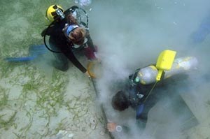 [photo] Overhead view of two divers at work on the sea floor.