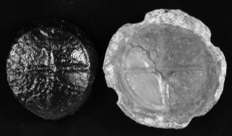 A sabot, on the left, circular in shape with a rough, bumpy texture.  A round shell base on the right with a cross shape design in the inner circle.