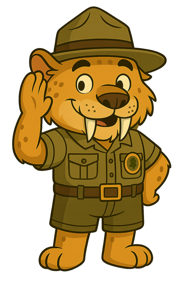 A sabretooth cat park ranger has its paw up to it's ear to listen