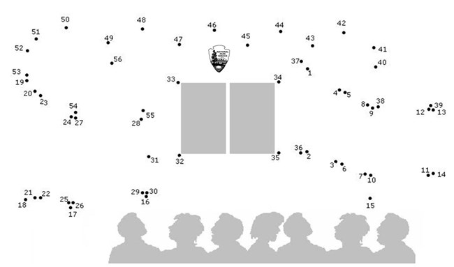 A connect the dots activity with an arrowhead in the middle and silhouette various heads at the bottom.