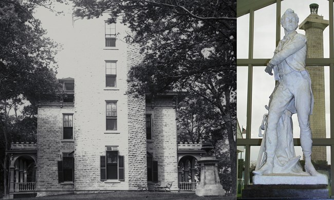 2 images, left black and white photo of stone two story stone house. On the lawn in front of the house is 10 foot stone monument and bronze monument. Right image is larger than life size marble statue of war of 1812 naval officer.