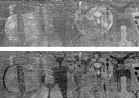 black and white images of rock art paintings. one shows the light figures highlighted, and one shows the dark figures highlighted