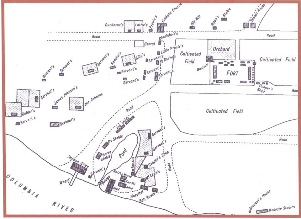 Line drawing showing the layout of buildings around the fort, including houses, and industrial buildings.