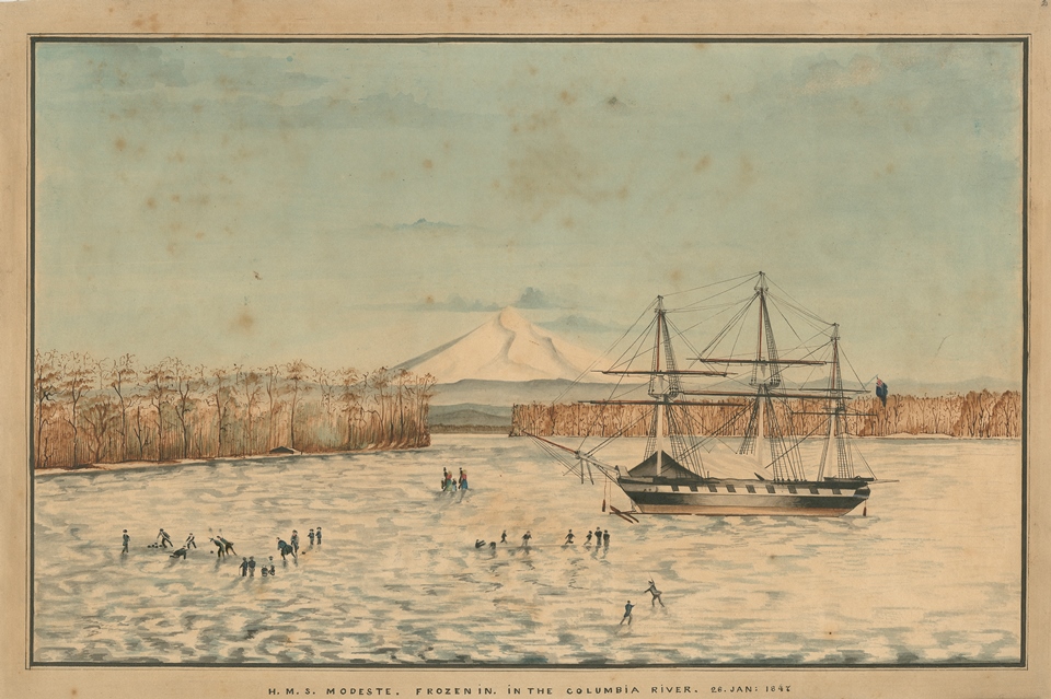 Drawing titled "HMS Modeste Frozen in the Columbia River 26 Jan. 1847" shows a frozen river with tall ship stuck in the ice. Mount Hood rises in the background. On the ice, groups of people play curling and ice skate.