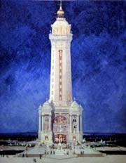 Water color of a proposed design for memorial. White stone tower with square base and tower. Observation deck and a gold colored dome and antenna at the top. Plaza and sidewalk radiate from the base of the memorial.