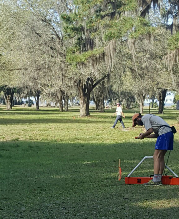 SEAC archeologist Rusty Simmons preparing to survey a grid with the electrical conductivity unit.