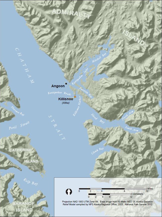 Map showing location of Killisnoo and Angoon along Chatham Straight on Adiralty Island.