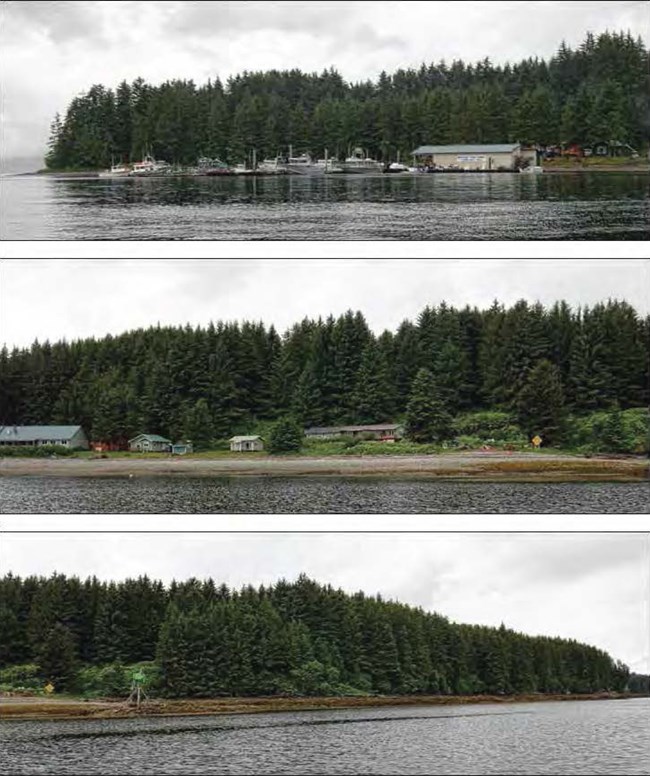 Composite of three images viewed from the water. Top: building and harbor. Middle: small buildings among trees. Bottom: trees along the shore.