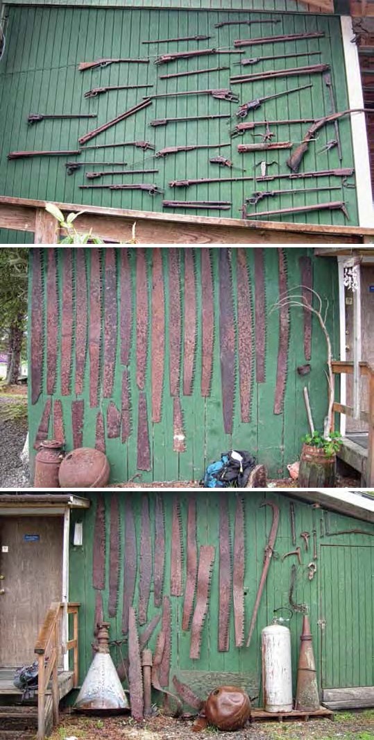 Composite of three images all show metal items including saws and guns on the outside of painted green buildings.