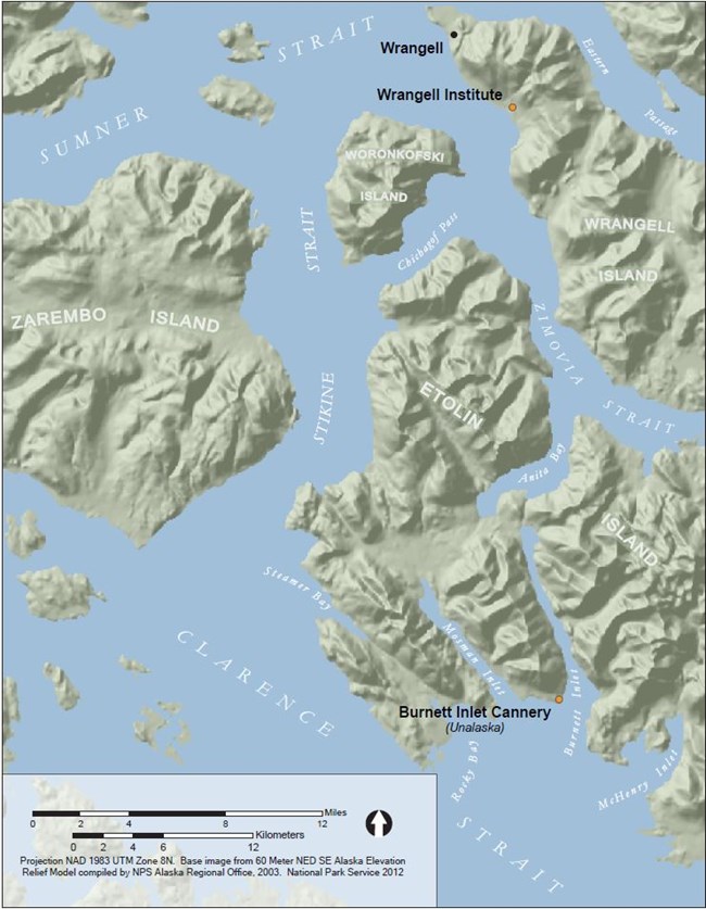 Map showing Wrangell Institute and Burnett Inlet Cannery locations