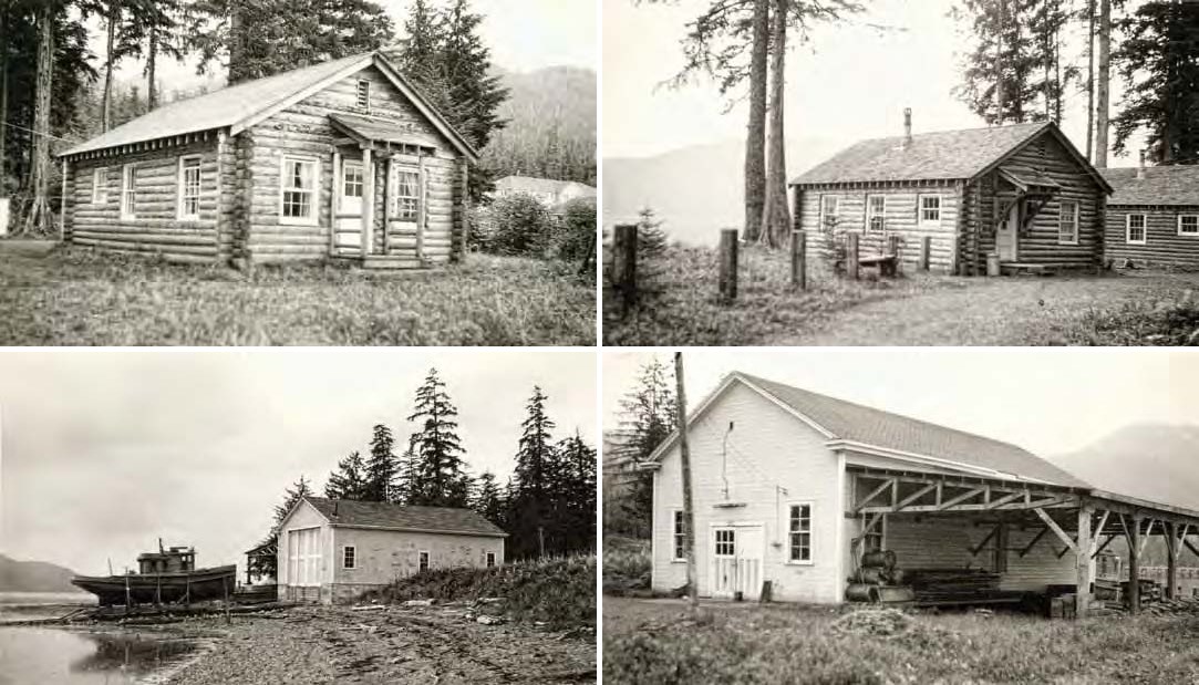 Composite of 4 black and white images top row two log cabins; bottom two large framed buildings.