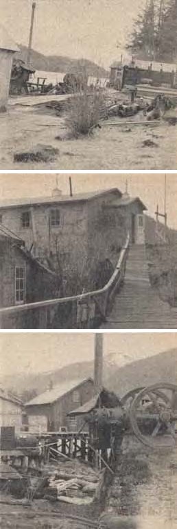 Composite of three black and white images. Top to bottom: small buildings along a path; a large building at the top of stairs; a large building with a smokestack and wheel.