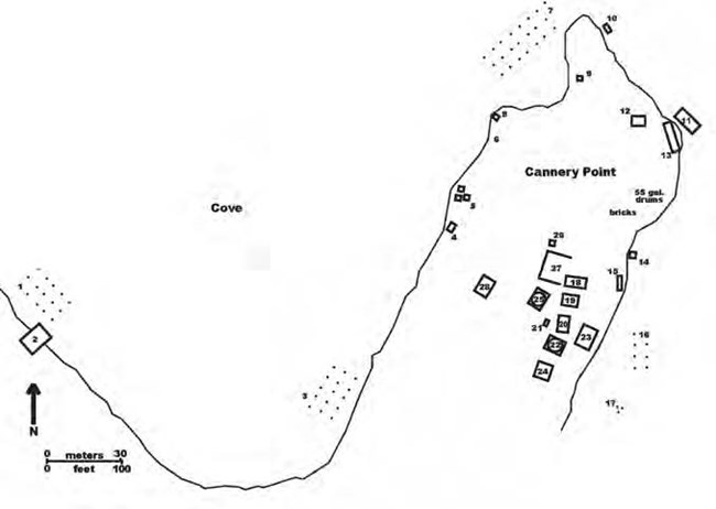 Line drawn map showing a cove and buildings on a peninsula.