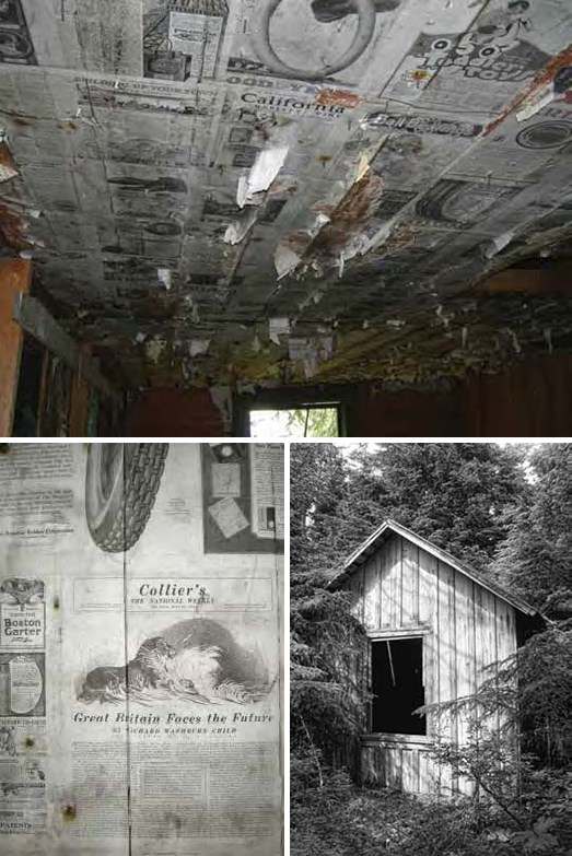 Composite of three images showing old newspaper lining walls and ceiling and a small wooden shack.