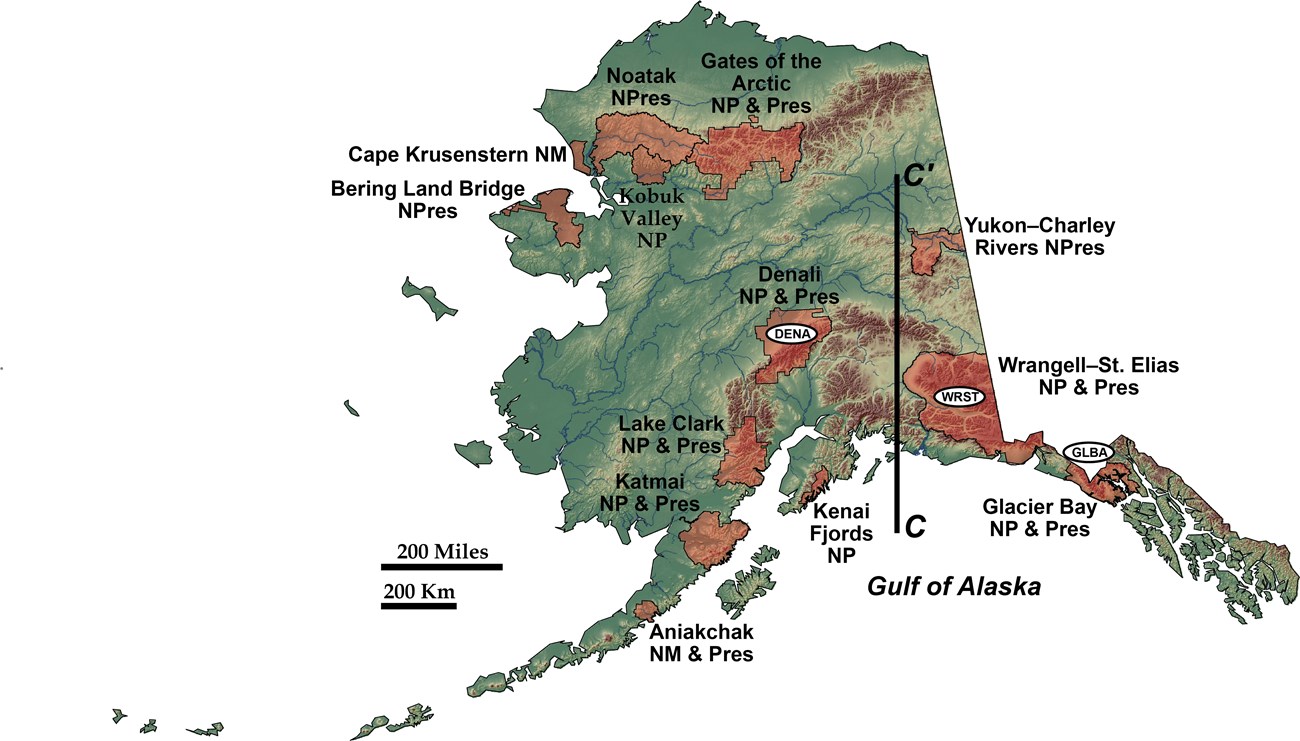 shaded relief map of nps sites in alaska