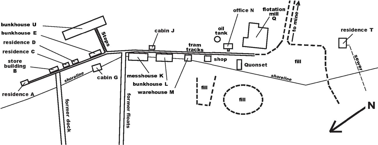 Black and white map showing location of cabins, bunkhouses, residences, warehouses, shops, etc along a road