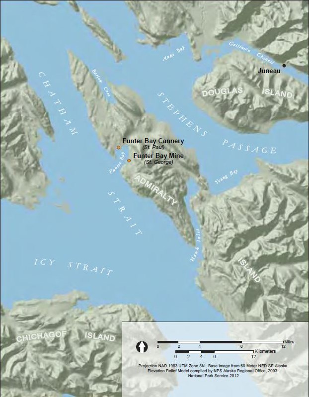 Map of Funter Bay area showing Stephen's Passage, Chatham Straight, and Icy Straight