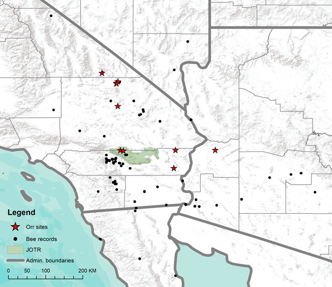 A map showing the southwest corner of the United States. Black dots and red stars spatter the map.