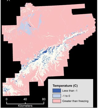 map of denali national park illustrating the limited areas where ground temps will be below freezing by 2065