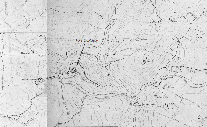 A topographic map of Fort DeRussy and defenses around Rock Creek. An arrow points to Fort DeRussy and other defenses are labeled.
