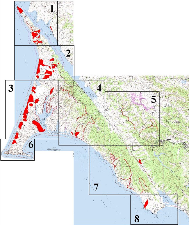 Map showing that rare plant surveys occur throughout Point Reyes National Seashore.