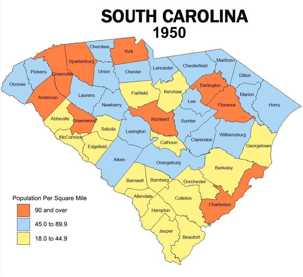Map of South Carolina counties by population.