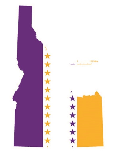 State of Idaho depicted in purple, white, and gold (colors of the National Woman’s Party suffrage flag) – indicating Idaho was one of the original 36 states to ratify the 19th Amendment. CC0