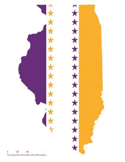 State of Illinois depicted in purple, white, and gold (colors of the National Woman’s Party suffrage flag) – indicating Illinois was one of the original 36 states to ratify the 19th Amendment. CC0