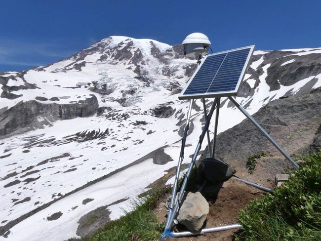 Solar-powered time-lapse camera rig with a view of upper Nisqually Glacier