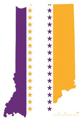 Indiana state overlaid with the purple, white, and gold suffrage flag