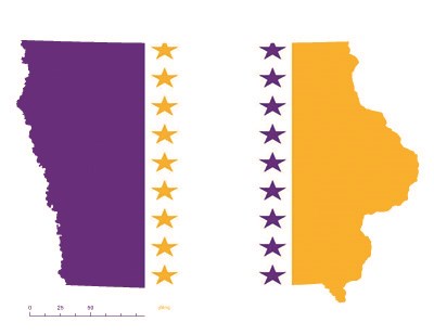 Iowa state overlaid with the purple, white, and gold suffrage flag