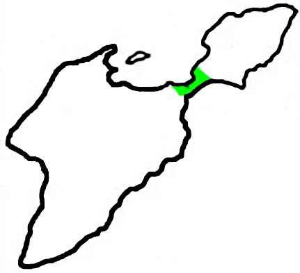 Black outline of South Bass Island. Green section marks the isthmus of the island and location of the Memorial